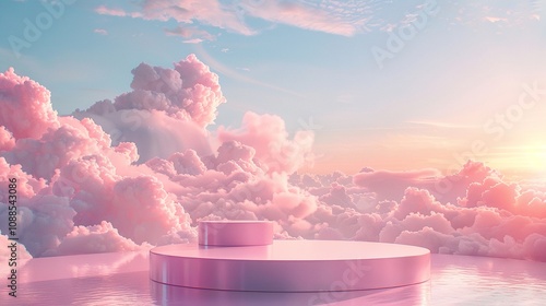 Dreamy Pink 3D Podium for Product Showcase: Whimsical Pastel Sky Background photo