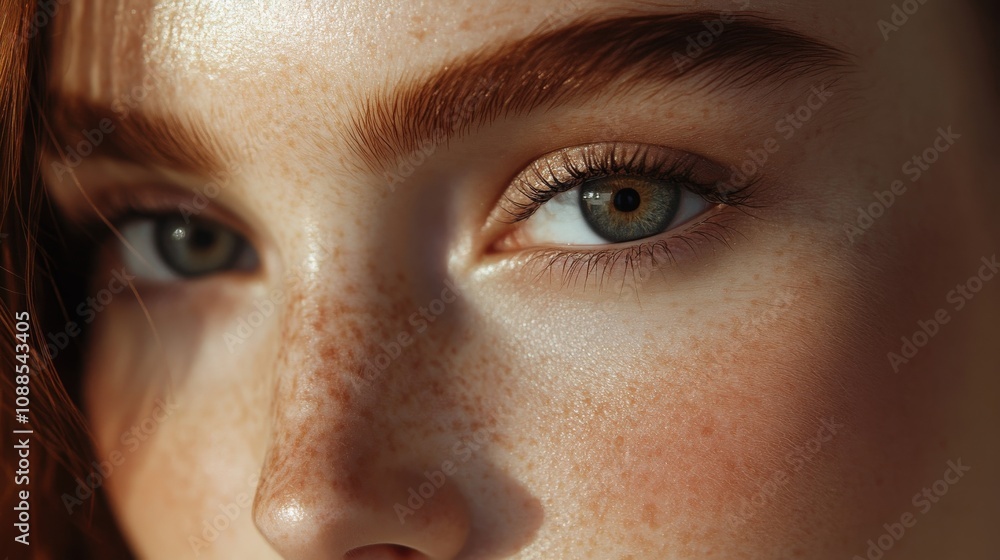 Fototapeta premium Close-up of a woman's face with freckles and green eyes.