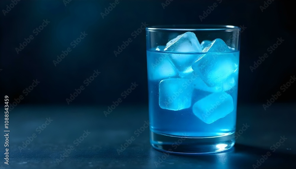 A glass of blue cocktail with ice cubes on a dark background A glass of blue cocktail with ice cubes on a dark background