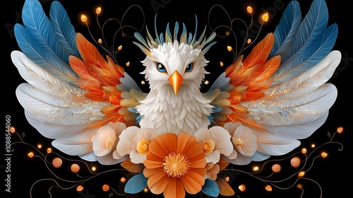 Enchanting of a fantastical bird like creature with vibrant wings and plumage surrounded by vibrant floral elements against a dark mysterious background photo