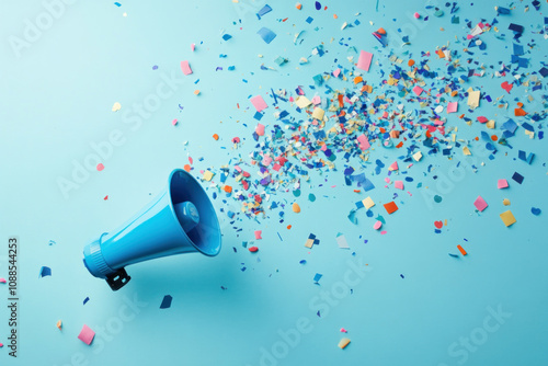 Blue megaphone surrounded by colorful confetti at a celebration.