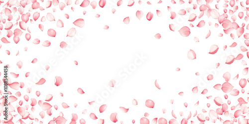 Pink apple flower flying petals frame on white. Natural beauty spa salon background. Japanese sakura petals seasonal confetti, blossom elements flying. Falling cherry bloom flower parts design.