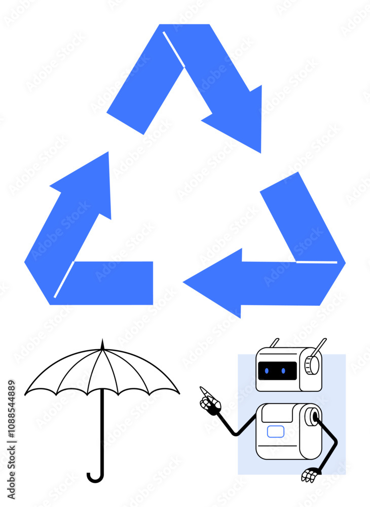 Recycle symbol umbrella, and robot with headset. Ideal for sustainability, recycling, technology, weather protection, robotics, innovation, environmental consciousness Line metaphor Recycle symbol umbrella, and robot with headset. Ideal for sustainability, recycling, technology, weather protection, robotics, innovation, environmental consciousness Line metaphor