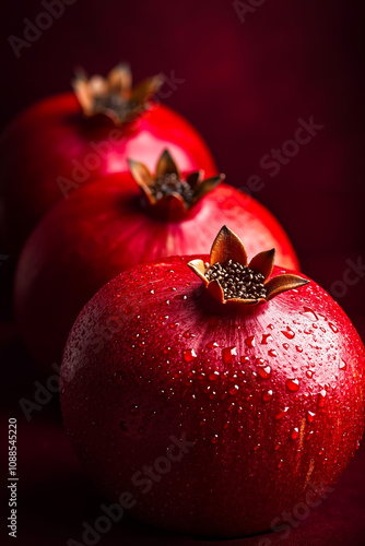 Three pomegranates with water droplets on them on a red surface photo