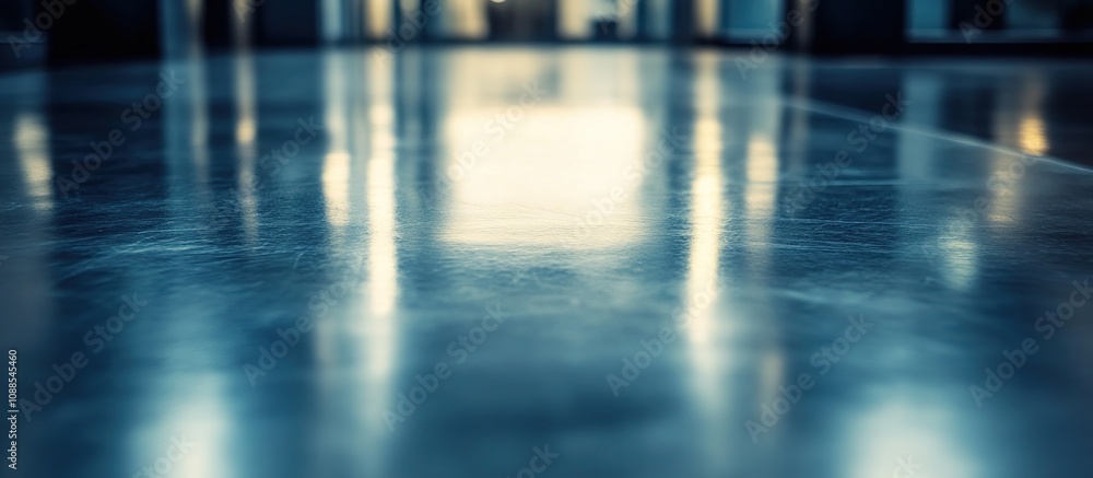 A blurred view of a polished floor reflecting light in a spacious hallway. A blurred view of a polished floor reflecting light in a spacious hallway.