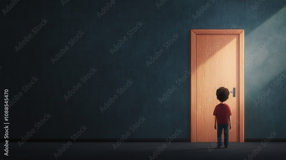 Obraz premium A young child stands in front of a closed door, bathed in light, symbolizing curiosity and the unknown.