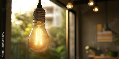 Glowing Vintage Light Bulb Hanging Near Window, Illuminating Cozy Interior