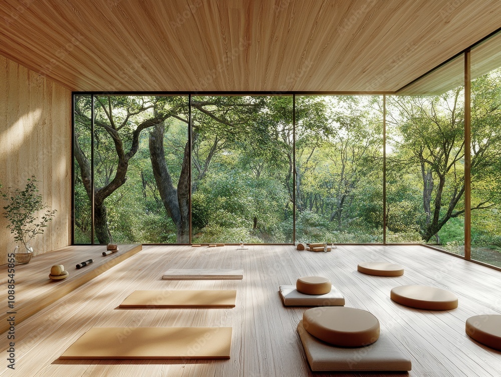 Fototapeta premium A yoga studio with a wooden floor and a view of trees