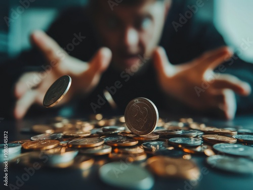Person Reaching for Scattered Coins on a Dark Surface Highlighting Financial Struggles and Economic Challenges in a Low Light Environment