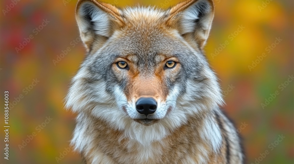 A closeup portrait of a gray wolf with piercing eyes, set against a vibrant autumn backdrop, capturing its majestic essence
A closeup portrait of a gray wolf with piercing eyes, set against a vibrant autumn backdrop, capturing its majestic essence