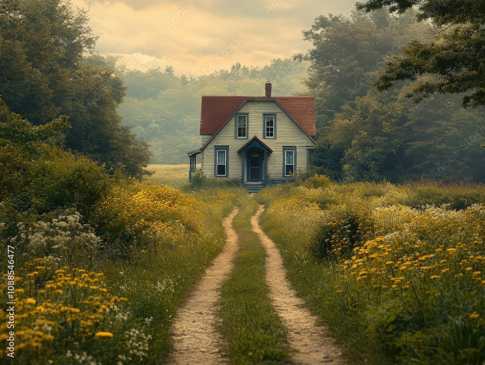 A serene country house surrounded by lush greenery and vibrant flowers, leading down a picturesque dirt road. A serene country house surrounded by lush greenery and vibrant flowers, leading down a picturesque dirt road.