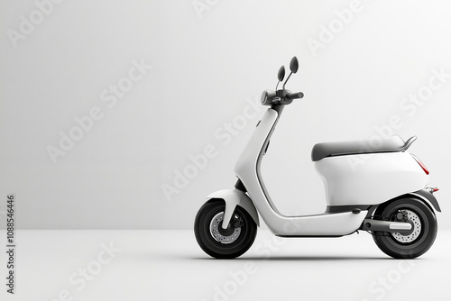 A white scooter is parked in a white room photo