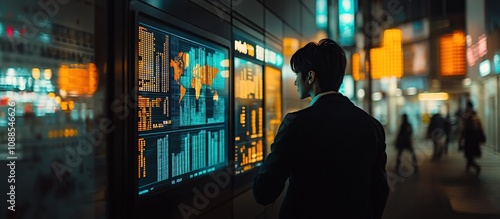 A person examines a digital display of data in a vibrant urban setting at night.