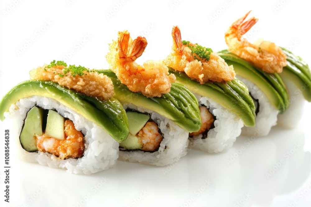 Delicious sushi rolls featuring fresh shrimp and avocado, beautifully presented against a clean white background. Delicious sushi rolls featuring fresh shrimp and avocado, beautifully presented against a clean white background.