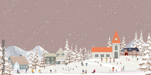 Christmas Background,Winter Village Landscape blue sky with snow on pine tree,house,Seamless Pattern City Night people celebration in the park,Vector Xmas horizon banner Winter wonderland for kid room