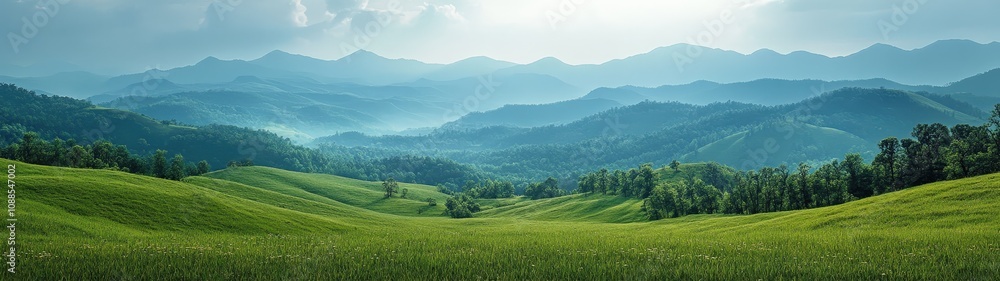 A serene landscape featuring rolling hills, lush greenery, and distant mountains under a soft, misty sky. A serene landscape featuring rolling hills, lush greenery, and distant mountains under a soft, misty sky.