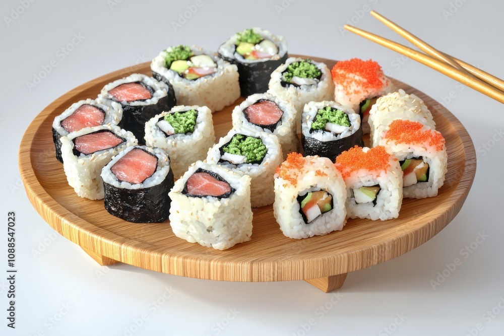 A beautifully arranged platter of assorted sushi rolls featuring vibrant colors and fresh ingredients. A beautifully arranged platter of assorted sushi rolls featuring vibrant colors and fresh ingredients.
