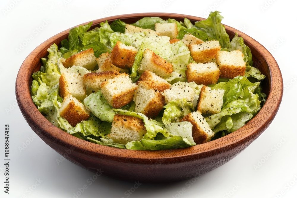 A fresh green salad with crispy croutons in a wooden bowl, showcasing vibrant lettuce and crunchy textures. A fresh green salad with crispy croutons in a wooden bowl, showcasing vibrant lettuce and crunchy textures.
