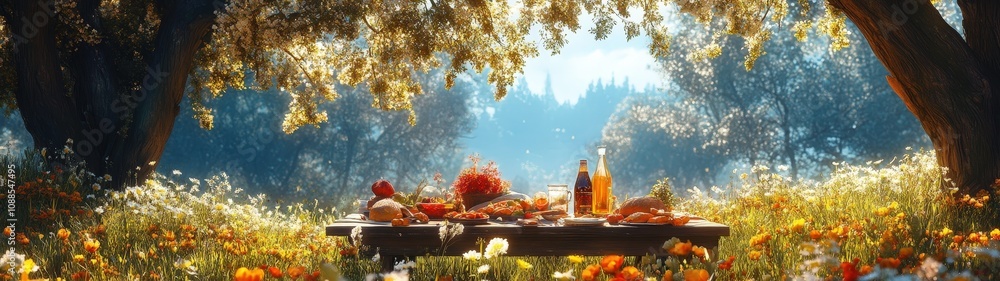 Obraz premium A serene picnic scene set under lush trees, surrounded by blooming flowers, showcasing a vibrant table filled with delicious food.