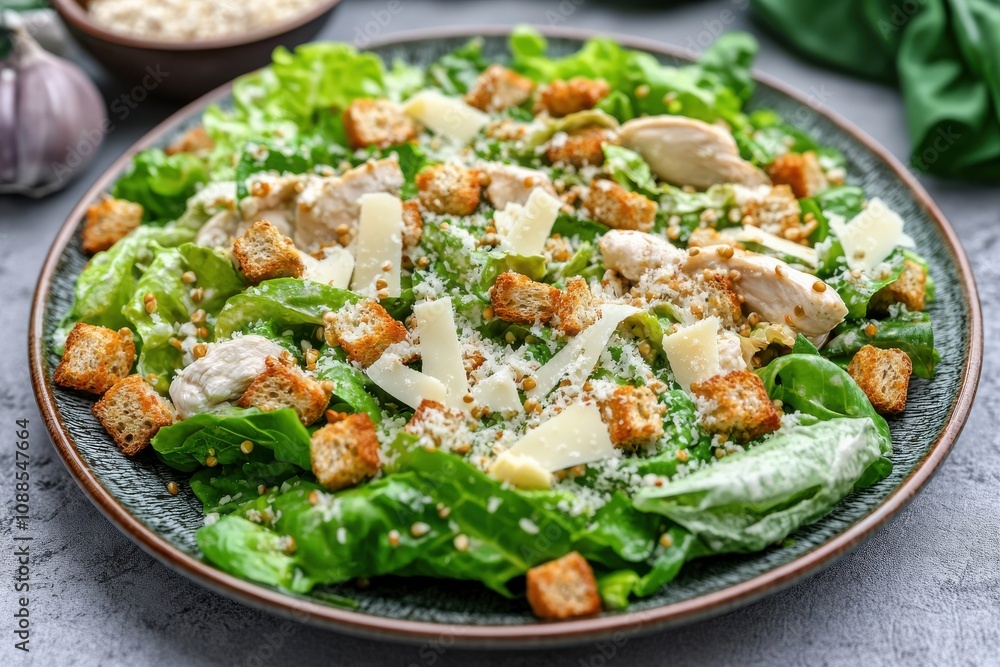 Fresh green salad topped with chicken, croutons, cheese, and seeds, beautifully plated for a healthy meal. Fresh green salad topped with chicken, croutons, cheese, and seeds, beautifully plated for a healthy meal.