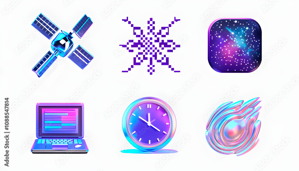 A set of 6 icons in Y2K style: 3D chrome satellite, Pixel star cluster, Gradient nebula icon, Retro laptop, Holographic clock, Metallic comet swirl A set of 6 icons in Y2K style: 3D chrome satellite, Pixel star cluster, Gradient nebula icon, Retro laptop, Holographic clock, Metallic comet swirl