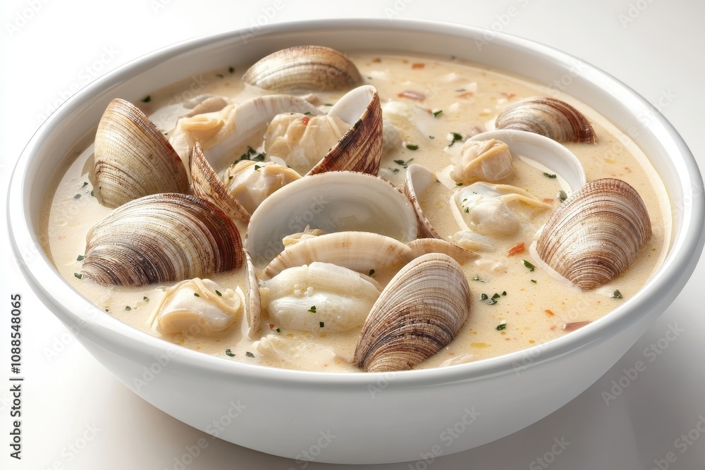A delectable bowl of creamy clam chowder, filled with fresh clams and herbs, perfect for seafood lovers. A delectable bowl of creamy clam chowder, filled with fresh clams and herbs, perfect for seafood lovers.