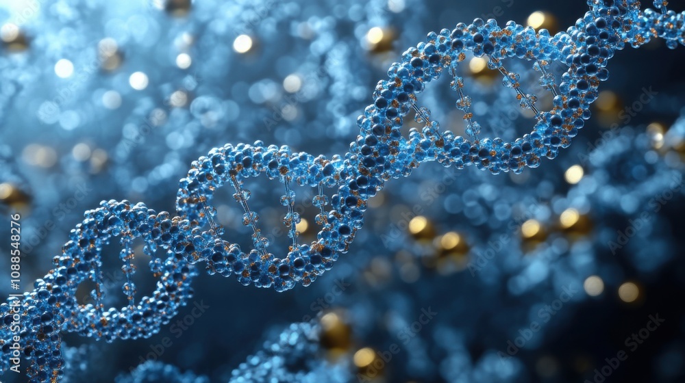 A DNA strand surrounded by molecular structures and golden details, symbolizing the intricacies of genetics and molecular science
A DNA strand surrounded by molecular structures and golden details, symbolizing the intricacies of genetics and molecular science