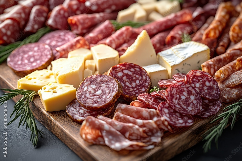 A vibrant charcuterie board featuring assorted meats and cheeses, garnished with fresh rosemary. A vibrant charcuterie board featuring assorted meats and cheeses, garnished with fresh rosemary.