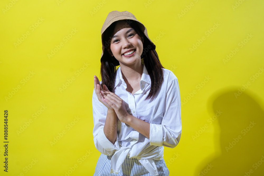An Asian woman wearing a beige hat and white shirt tied at the waist poses against a yellow background, smiling brightly with her hands clasped and her head tilted slightly. An Asian woman wearing a beige hat and white shirt tied at the waist poses against a yellow background, smiling brightly with her hands clasped and her head tilted slightly.