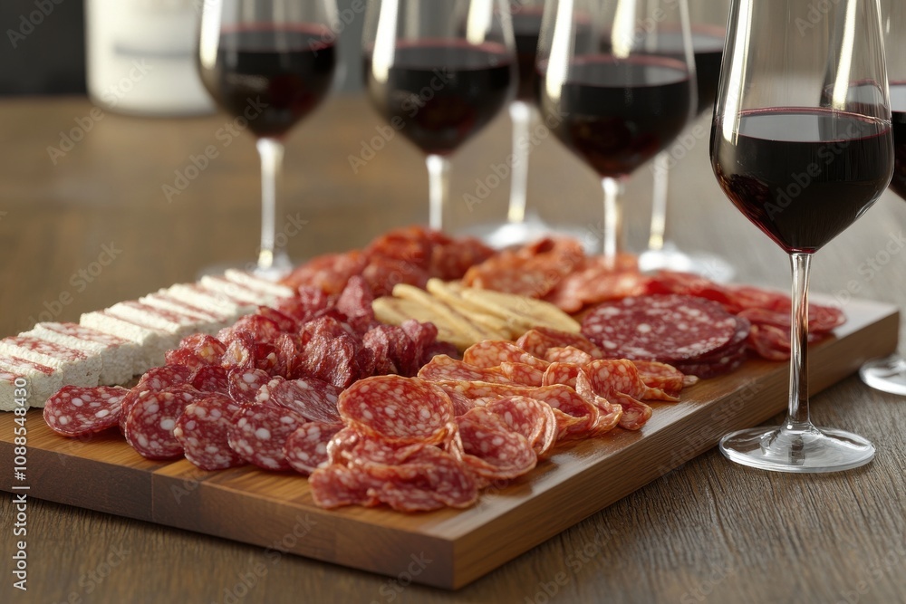 A beautiful spread of assorted cured meats paired with red wine in elegant glasses, perfect for a tasting evening. A beautiful spread of assorted cured meats paired with red wine in elegant glasses, perfect for a tasting evening.