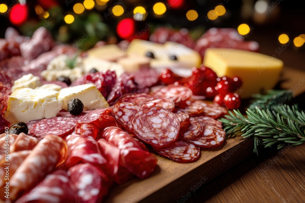 A colorful charcuterie board featuring a variety of meats, cheeses, and garnishes, perfect for festive gatherings. A colorful charcuterie board featuring a variety of meats, cheeses, and garnishes, perfect for festive gatherings.