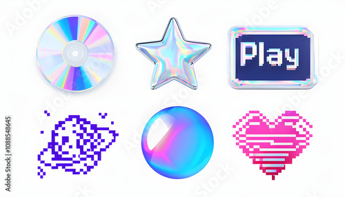 A set of 6 icons in Y2K style: Holographic CD, Chrome star, Bubble font “Play” button, Pixelated planet icon, Gradient sphere, Glitch art heart