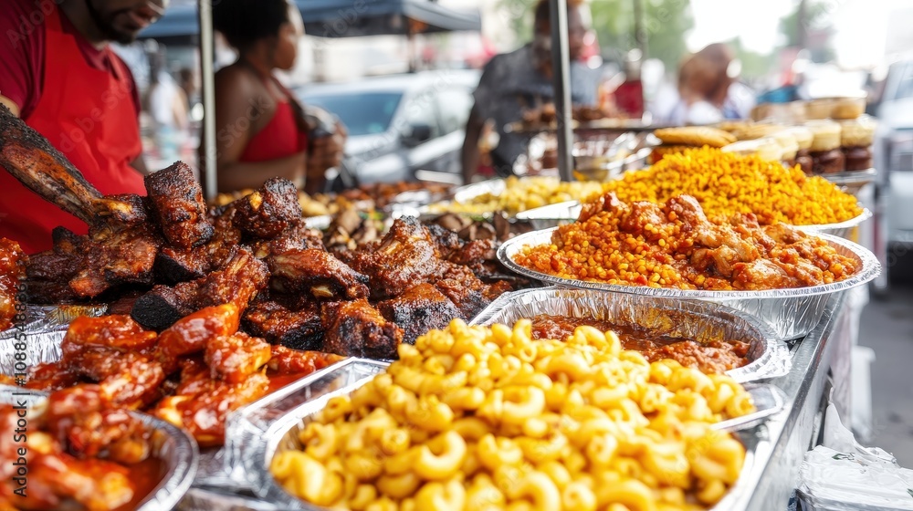 Obraz premium Close-up of a Street Food Vendor's Display with Various Dishes