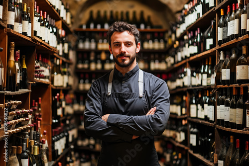 A man standing in front of a wall of wine bottles