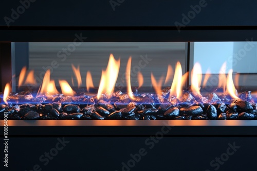 Modern Gas Fireplace with Black Stones