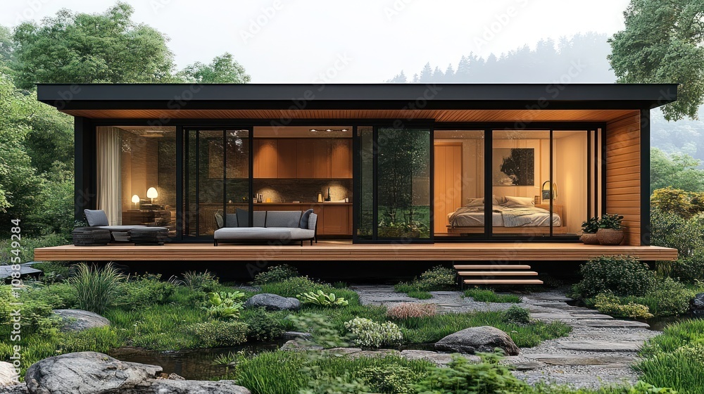 Modern house surrounded by lush greenery and natural landscape. Modern house surrounded by lush greenery and natural landscape.