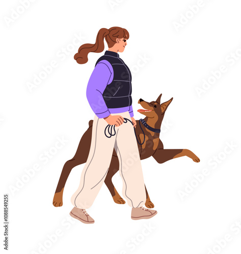 Owner teaches her Dobermann dog commands, exercises during walk. Trainer training obedience with Doberman Pinscher. Girl leads puppy on a leash. Flat isolated vector illustration on white background
