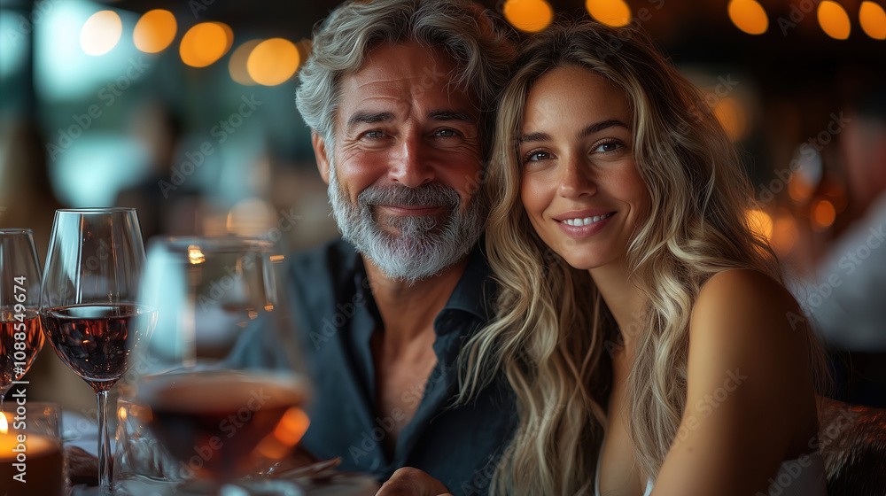 Couple enjoys a romantic dinner at a cozy restaurant with dim lighting and delicious wine on the table. Generative AI Couple enjoys a romantic dinner at a cozy restaurant with dim lighting and delicious wine on the table. Generative AI