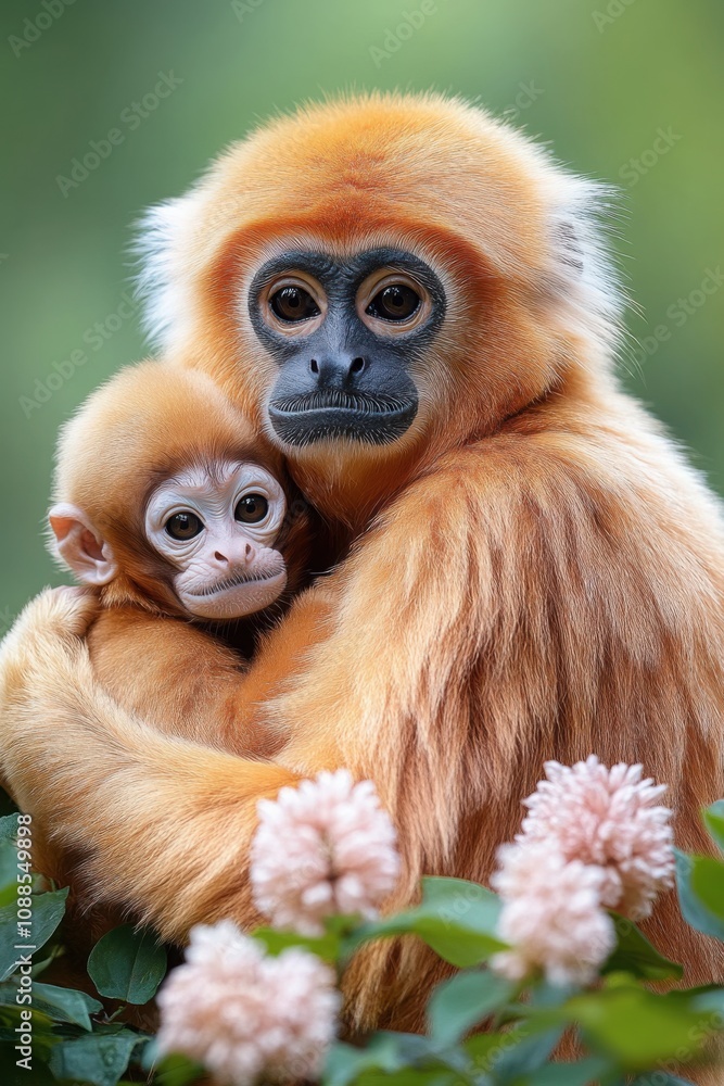 Fototapeta premium A golden snub nosed monkey cuddling its baby in a vibrant floral setting with pink blossoms
