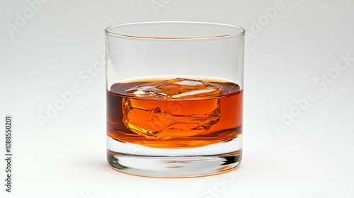 Glass of whiskey with ice on a plain background showcasing the amber color, with reflections and highlights emphasizing its clarity and elegance