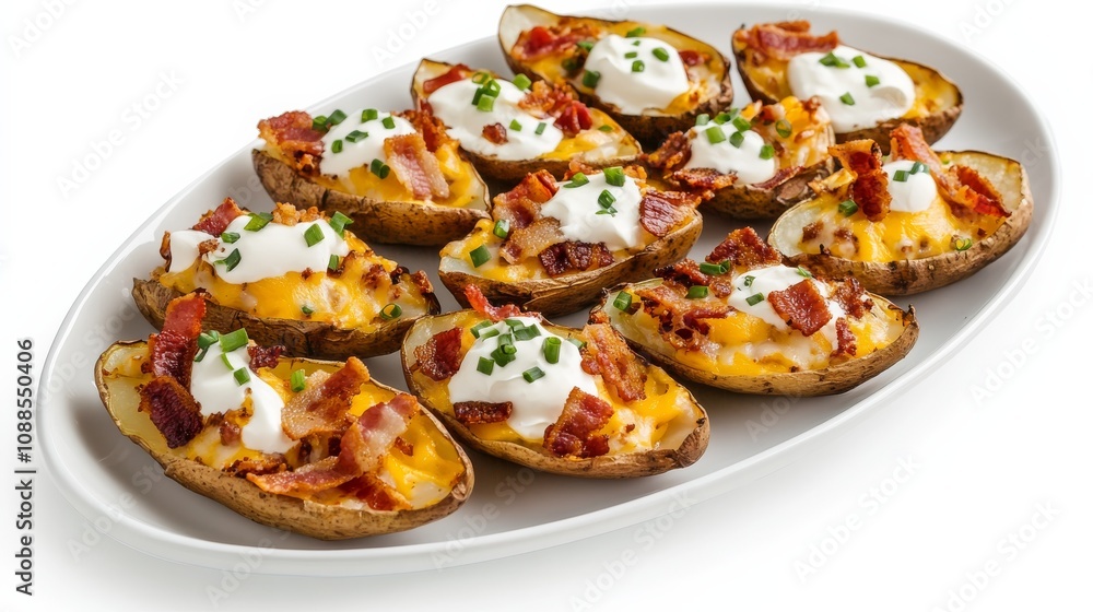 A platter of loaded potato skins filled with melted cheddar cheese, crispy bacon bits, sour cream A platter of loaded potato skins filled with melted cheddar cheese, crispy bacon bits, sour cream