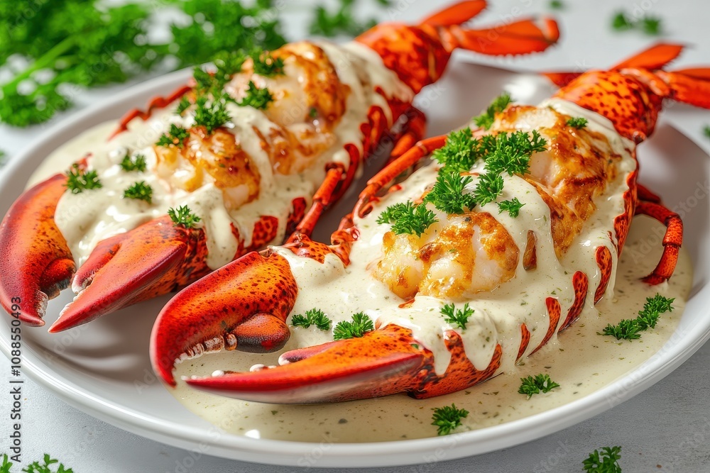 Deliciously prepared lobster tails with creamy sauce and fresh parsley garnish for an elegant dining experience. Deliciously prepared lobster tails with creamy sauce and fresh parsley garnish for an elegant dining experience.