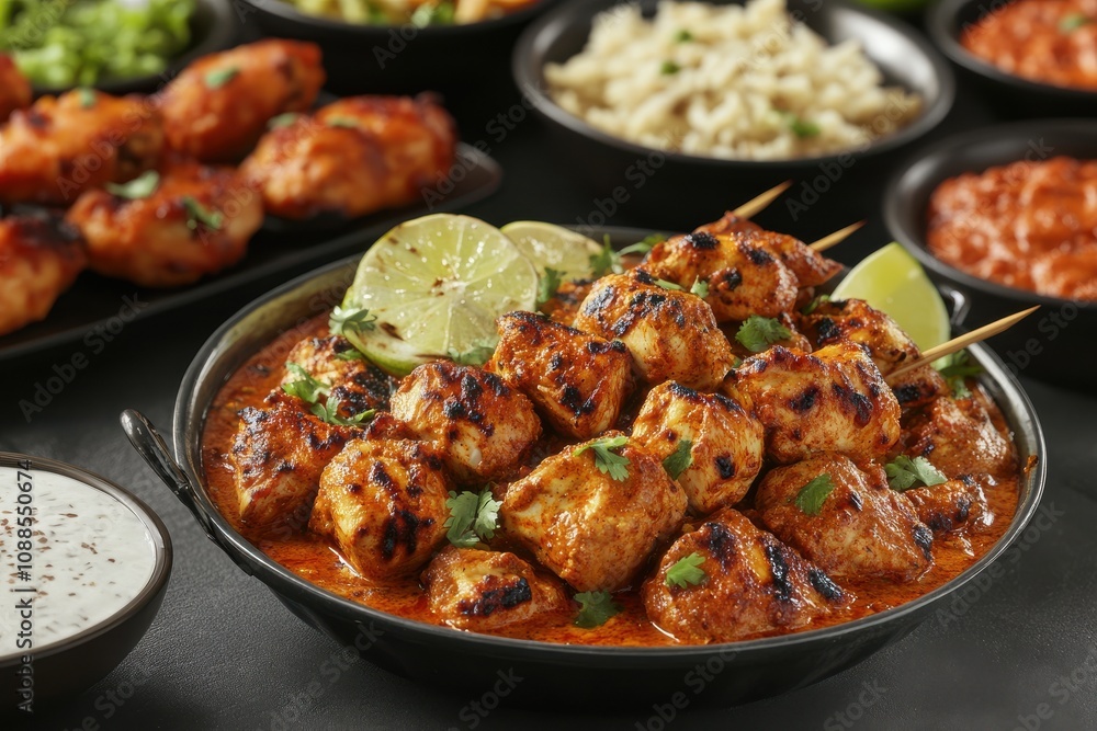 Delicious grilled chicken skewers served in a spicy, rich sauce with fresh lime and cilantro. Delicious grilled chicken skewers served in a spicy, rich sauce with fresh lime and cilantro.