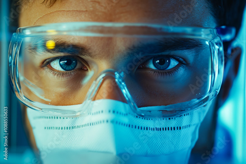 A man wearing a mask and goggles in a laboratory photo