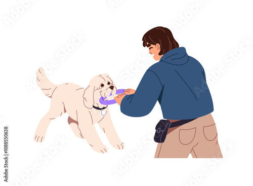 Happy owner has fun with cute dog. Pet sitter plays, pulls toy with puppy. Person training agility exercises, obedience commands with doggy. Flat isolated vector illustration on white background