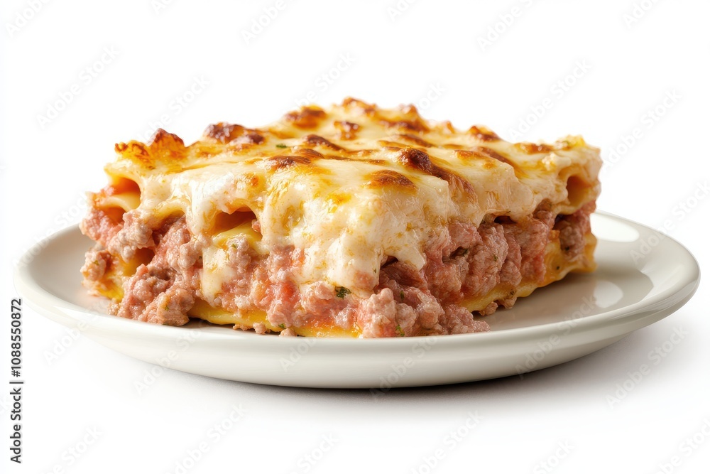 Delicious slice of hearty lasagna with golden-brown cheese on a white plate, perfect comfort food. Delicious slice of hearty lasagna with golden-brown cheese on a white plate, perfect comfort food.