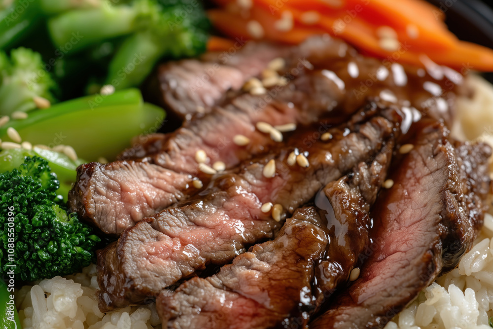 Succulent Medium-Rare Teriyaki Beef Steak Sliced on Steamed Rice with Fresh Vegetables. Gourmet Asian Fusion Cuisine featuring Premium Marinated Beef and Professional Food Photography