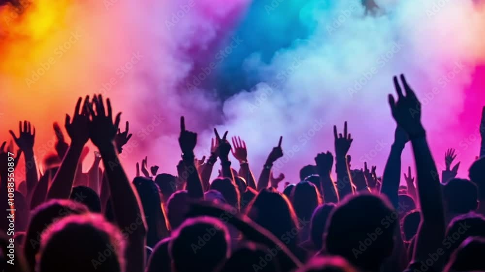 A vibrant crowd at a concert with colorful lights and smoke effects. A vibrant crowd at a concert with colorful lights and smoke effects.