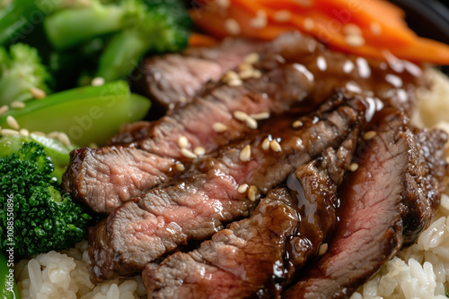Obraz na płótnie Succulent Medium-Rare Teriyaki Beef Steak Sliced on Steamed Rice with Fresh Vegetables. Gourmet Asian Fusion Cuisine featuring Premium Marinated Beef and Professional Food Photography w salonie