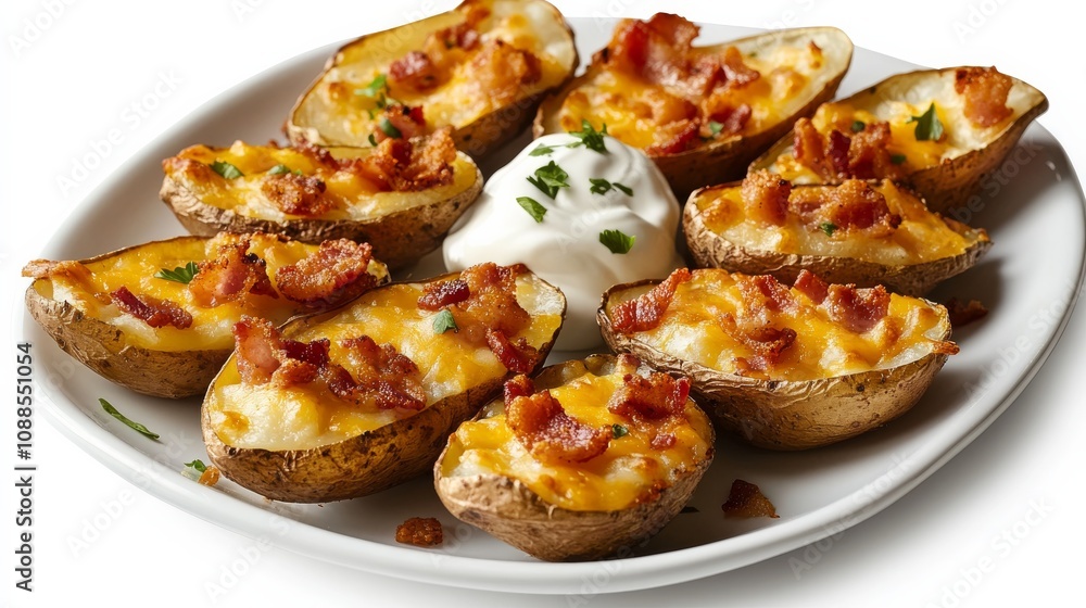 A platter of loaded potato skins with crispy potato halves, melted cheese, bacon bits A platter of loaded potato skins with crispy potato halves, melted cheese, bacon bits